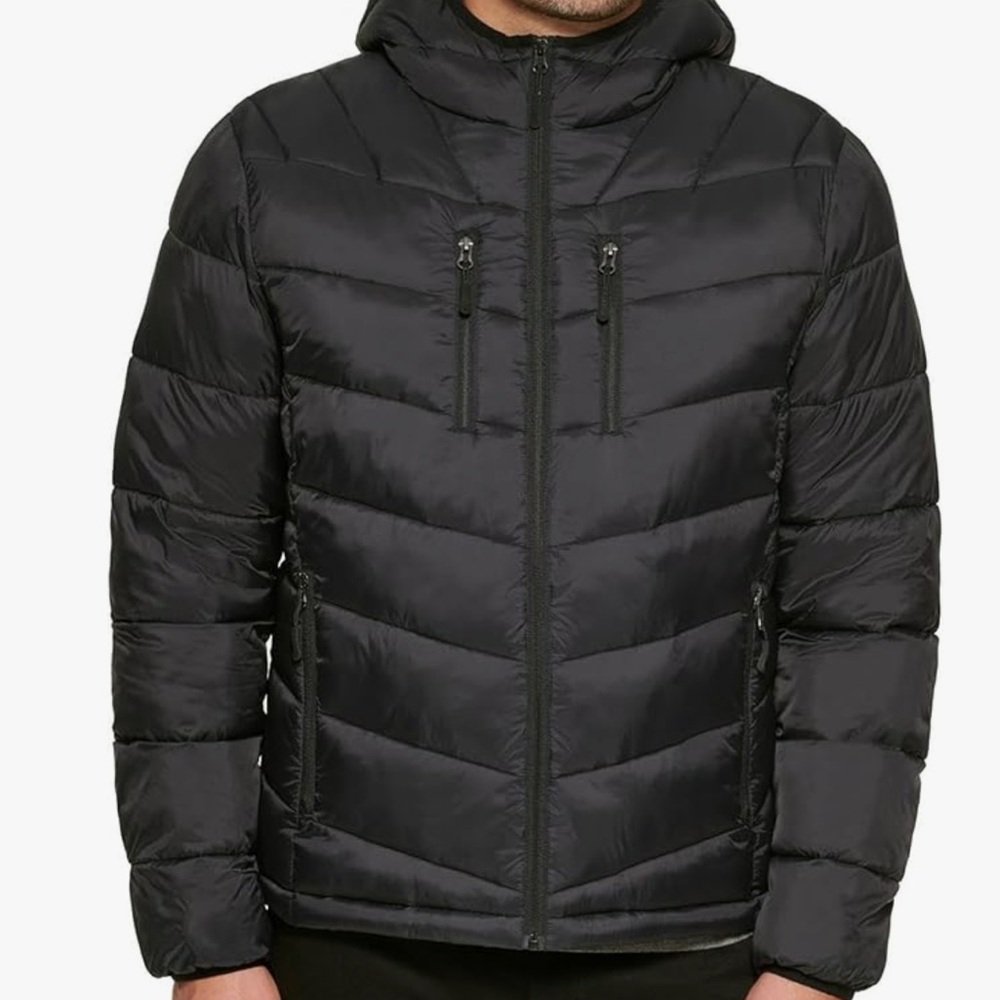 Club Room Mens Chevron Quilted Hooded Ultra Loft Puffer Jacket Black XL